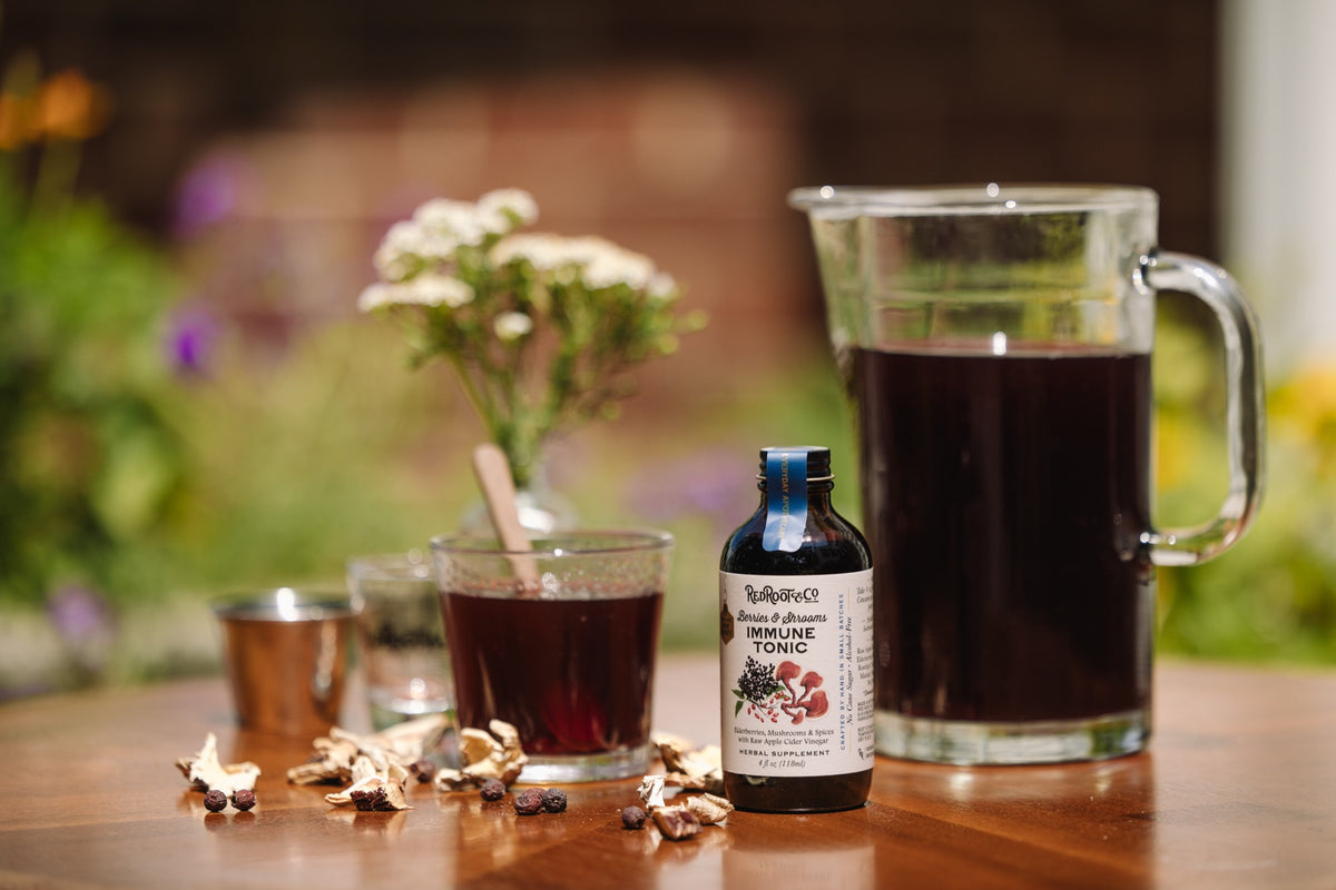Berries & Shrooms Immune Tonic beside a glass of Hibiscus Cinnamon Tea, dried Reishi mushrooms, and elderberries